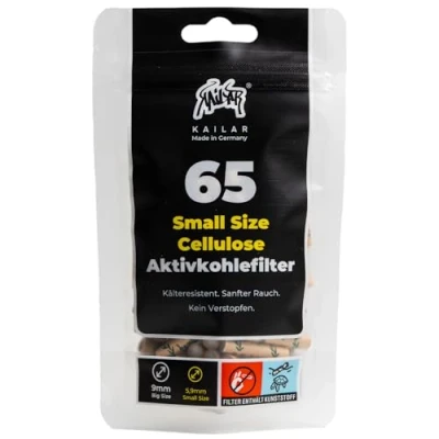 Afbeelding van KAiLAR 65 ongebleekte cellulose, actieve koolfilter Slim (5,9 mm) met veganistische kool uit kokosnootschalen, voor een zachte rookervaring zonder te verstoppelen (koudebestendigheid)