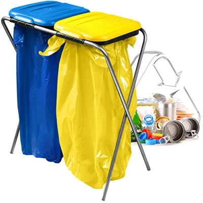 Afbeelding van KADAX Dubbele vuilniszakhouder, vuilniszakhouder in 5 kleurversies, standaard voor afvalscheiding met kunststof deksel, 120 liter zak (blauw geel)