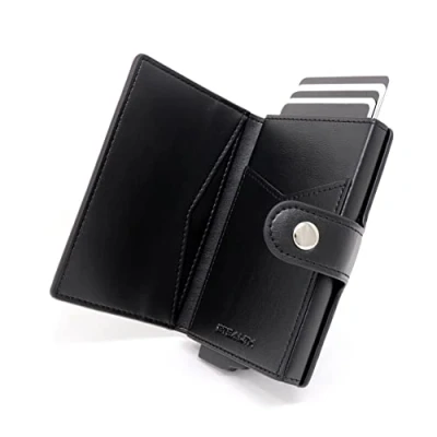 Afbeelding van STEALTH Wallet Slanke Lichtgewicht Minimalistische Kaarthouder Portemonnee Compacte RFID/NFC Blokkerende Pop up Portemonnees Kaarthouders (Zwart Leer met ID Zakje)