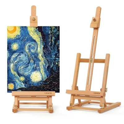 Afbeelding van 64 cm eenvoudige H frame tafelezel, houdt canvas tot 40 vast, verstelbare beukenhouten schildersezel, draagbare schilder en presentatie ezel voor volwassenen, beginners kunstenaars