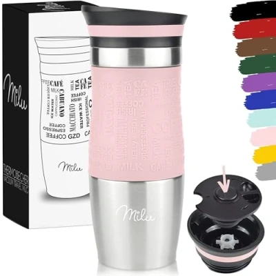 Afbeelding van Milu thermobeker 370 ml, 450ml 100% lekvrij isoleerbeker, koffiebeker to go, drinkbeker van roestvrij staal autobeker dubbelwandige isolatie reismokken Travel mug (370ml, Roze)