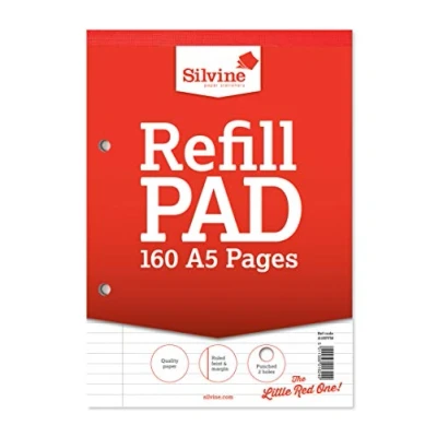 Afbeelding van Silvine 160 pagina A5 Refill Pad, hoofd gebonden en geperforeerd 2 gaten. gelijnd 8mm Feint met marge. Ref A5RPFM, wit