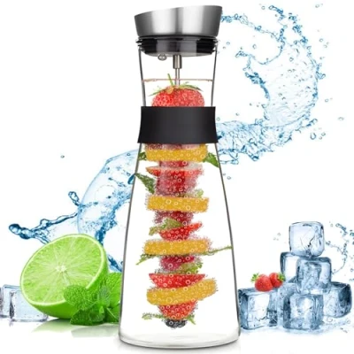 Afbeelding van ZHHGOO glazen waterkan, fles van 1,5 liter en roestvrijstalen deksel, fruitspies met afneembare dop voor koud heet sap, thee, melk koffie
