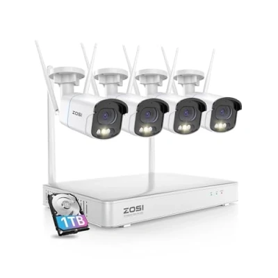 Afbeelding van ZOSI 4MP WiFi Buiten Beveiligings Camera Set, 4X Bevakingcamera, 8CH 2.5K NVR met 1TB Hard Disk, Persoonlijke en Voertuigdetectie, Schijnwerper Waarschuwing