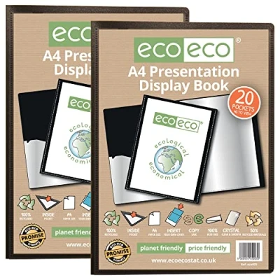 Afbeelding van eco A4 formaat 50% gerecycled 20 zakken zwart presentatie display boek, opbergkoffer portfolio kunstmap met plastic hoezen (pak van 2), eco003x2