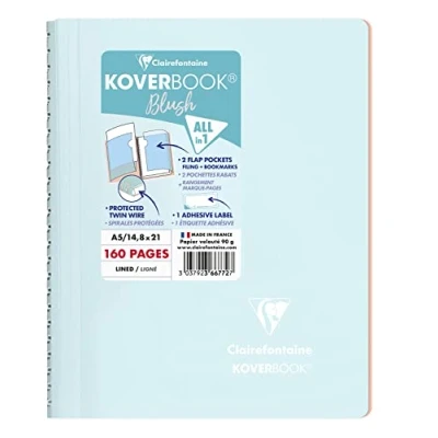 Afbeelding van Clairefontaine 366772C spiraalblok Koverbook Blush, DIN A5, 14,8 x 21cm, 80 vellen, gelinieerd, 1 stuks, ijsblauw/koraalrood