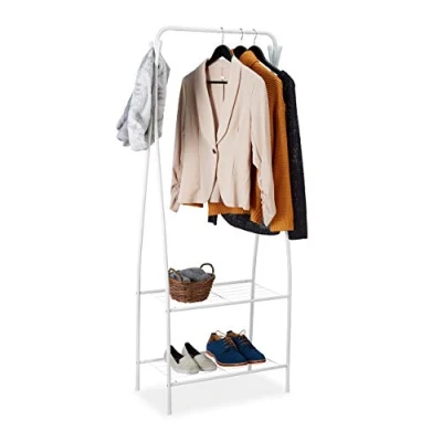 Afbeelding van Relaxdays kledingrek metaal, 2 planken &amp; 4 haken, kledingstang, hal kleedkamer, h x b 158 60 33 cm, wit, 1 stuks