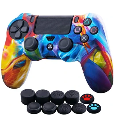 Afbeelding van YoRHa Watertransferdruk Camouflage Siliconen Hoesje Skin Cover voor Sony PS4/Slim/Pro Dualshock 4 Controller x 1 (Kleurrijke Stroom) met Duimgrepen Thumb Grip 10