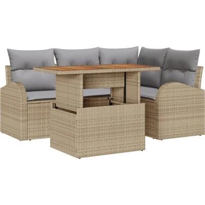 Afbeelding van vidaXL 5 delige tuindining set met kussens Beige Poly Riet Acacia