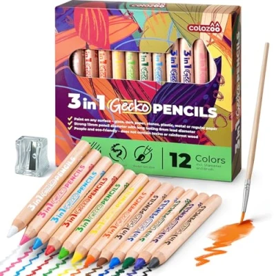 Afbeelding van colozoo 3 In 1 Farbstifte Set 12 Farben Dicke Buntstifte inklusive Pinsel und Anspitzer Ungiftige Vegane für Kinder ab Jahren