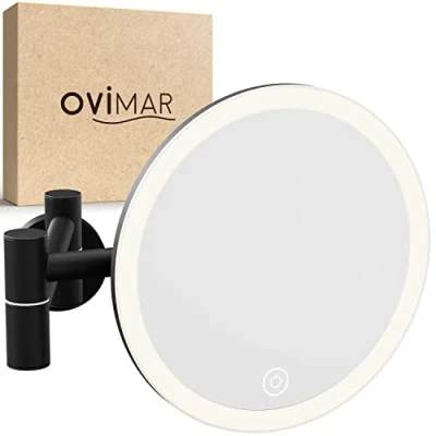 Afbeelding van ovimar cosmeticaspiegel Leinoya met verlichting oplaadbaar wandmontage voor boren in de badkamer 5x vergrotende spiegel make up licht 360 graden