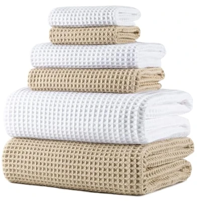 Afbeelding van POLYTE Microvezel oversized, 76 x 152 cm, sneldrogende pluisvrije badhanddoekenset, 6 delig (wit, beige, wafelweefsel)
