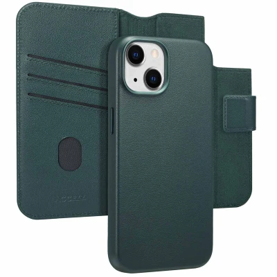 Afbeelding van Apple iPhone 14 MagSafe Hoesje Echt leder Accezz Bookcase/2 in 1 Case Donkergroen Telefoonhoesje