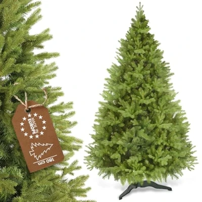 Afbeelding van KADAX Kerstboom, kunstkerstboom 180 van PE en pvc kunststof, sparren met kunststof standaard, Ø ca. 120 boom 68 takken 15 boomkronen, kerstdecoratie (maannacht cm)