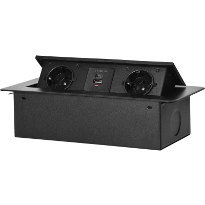 Afbeelding van Luxe stekkerdoos met USB Pop up stekkerblok 2 stopcontacten en Inbouw Verdeelstekker RVS afwerking Stopcontact splitter voor max. 3680 Watt Zwart