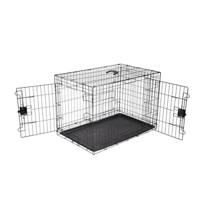 Afbeelding van Amazon Basics Duurzame, opvouwbare hondenkooi van metaaldraad met plateau en dubbele deur, verdeler, 91 x 58 64 cm (L B H), zwart