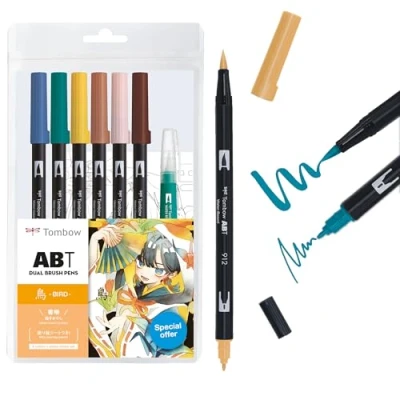 Afbeelding van Tombow ABT Dual Brush Pen MANGA Aquarel Bird, set van 6 + watertankkwast, kleursjablonen en video tutorial [ABT 6P BIRD]