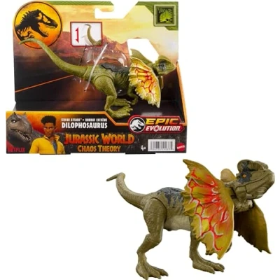 Afbeelding van Mattel Jurassic World strike Attack Dinosaurus speelgoed met single actie en beweegbare gewrichten, Dilophosaurus actiefiguur inclusief digitaal spelen