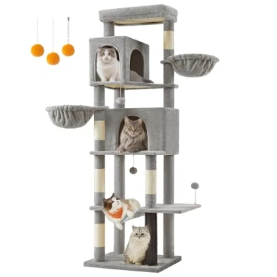 Afbeelding van Feandrea Grote Kattenboom, 75&quot; Hoge Kattentoren met Meerdere Verdiepingen, 2 Condos, Bedden, 5 Krabpalen, Zelfverzorging, Zitstok, Hangmat, Duifgrijs PCT183G01