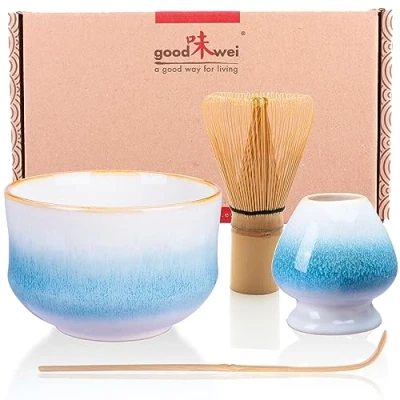Afbeelding van Goodwei Matcha Set Theeset met klopper bamboe, keramische kom en bezemhouder Chasentate in bijpassend design Japanse Theeceremonie Kit (Rindō, 80)