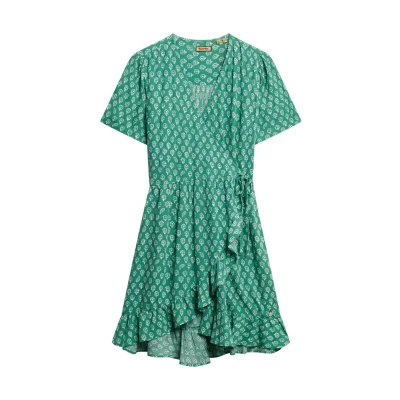 Afbeelding van Superdry Short Sleeve Printed MINI WRAP Jurk, Dames, Maat: 42, Floral block green