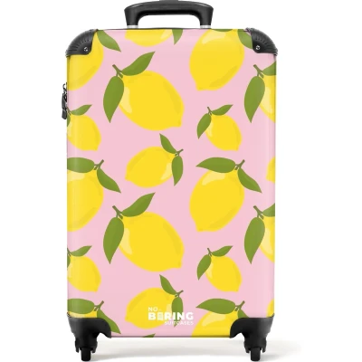 Afbeelding van NoBoringSuitcases.com® Handbagage koffer lichtgewicht Reiskoffer trolley Pastel roze met citroenen Rolkoffer wieltjes Past binnen 55x40x20 en 55x35x25