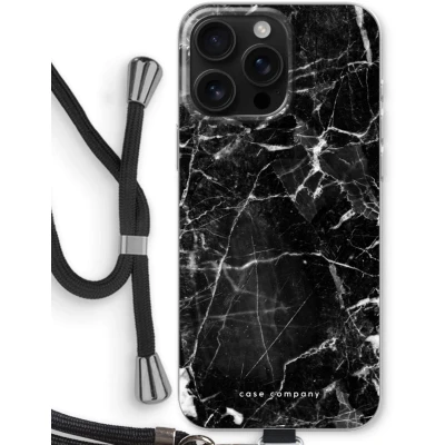 Afbeelding van Case Company® hoesje met Koord geschikt voor iPhone 16 Pro Max Zwart Marmer Telefoonhoesje Bescherming aan alle Kanten en Over de Schermrand