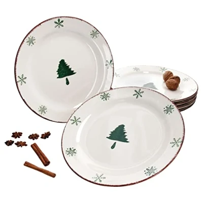 Afbeelding van Set van 6 platte borden, sneeuwvlokken en dennenboom, Kerstmis, voor personen, braden, noppen, X Mas, feestdagen, dinerborden plat, porselein