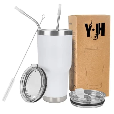 Afbeelding van Y·J&amp;H 30oz (850ml) Travel Tumbler Dubbelwandige vacuüm geïsoleerde koffiemok roestvrij stalen koffiekop met 2 spatwaterdicht deksel, rietjes en gratis reinigingsborstel, BPA vrij Wit