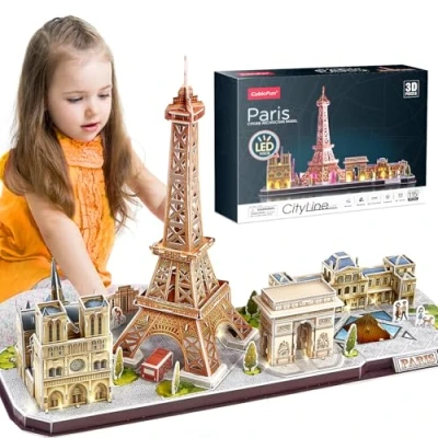 Afbeelding van CubicFun 3D puzzels voor kinderen en volwassenen, led modelkits stadsarchitectuur in Parijs, Eiffeltoren, Notre Dame de het Louvre, Arc Triomphe legpuzzels verjaardagscadeaus