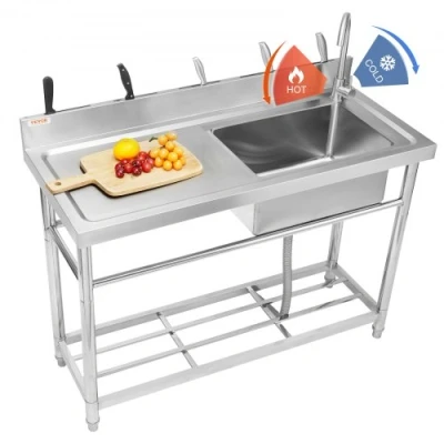Afbeelding van VEVOR Roestvrijstalen spoelbak, vrijstaande enkele kom commerciële gootsteenset met werkbank, 39,4 x 19,1 37,5 inch spoelbakken voor garage, restaurant, wasserette, NSF gecertificeerd