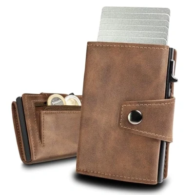 Afbeelding van slimfin® Slim Wallet Maxi met muntzakje kaarthouder RFID bescherming pop up portemonnee mini voor mannen en vrouwen slanke lichtgewicht donkerbruin