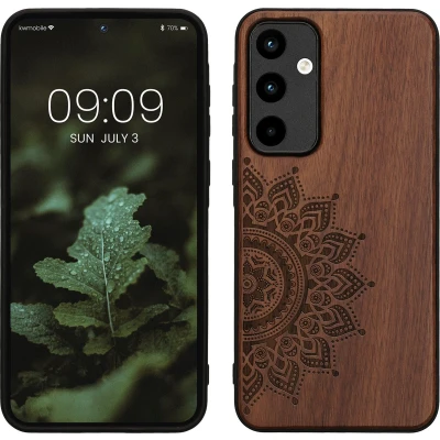 Afbeelding van kwmobile telefoonhoesje geschikt voorSamsung Galaxy A55 5G Hoesje met bumper hout In donkerbruin Opkomende Zon design