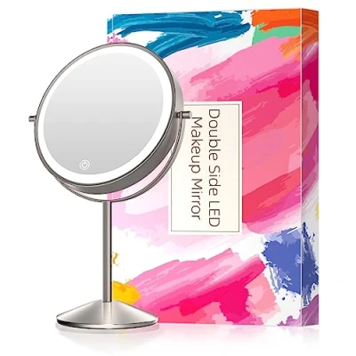 Afbeelding van Make up ijdelheid spiegel met LED verlichting, 8 inch oplaadbare dubbelzijdige 10x vergroting, 3 kleuren dimbare cosmetische aanraakbediening 360 rotatie licht op spiegelsnoer of koorden