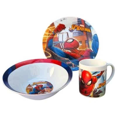 Afbeelding van 3 delige set van keramiek Spiderman Marvel mok kom bord servies voor kinderen in doos