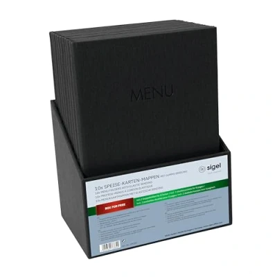 Afbeelding van SIGEL SM200 menu mappen A4 Set: 10 stuks met gratis opbergdoos rubberen binding, zwart linnen structuur, duurzaam en gemakkelijk afwasbaar