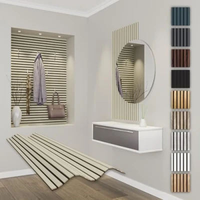 Afbeelding van HEXIM Akoestische panelen, 118 x 60 cm, flexibele lamellenwand, hout, mdf wandpanelen, wandbekleding, binnendecoratie, geluidsisolerend (1 paneel, 0,708 m² Palomino APF01)