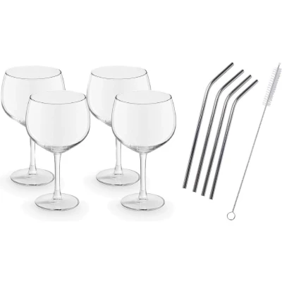 Afbeelding van 4x Gin Tonic glazen / Cocktailglazen transparant 650 ml met RVS rietjes
