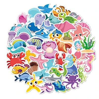 Afbeelding van 50 stuks zeelevende stickers, dieren cartoonstickers, vinyl stickers voor kinderen meisjes, waterdichte stickerset waterflessen, fiets, scooter, helm, notebook, kinderverjaardag