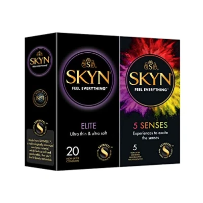 Afbeelding van SKYN Elite &amp; 5 Senses Condooms Skynfeel Latexvrije Voor Mannen, Zeer Delicaat, Extra Dun Zacht, Gevoelig, 53 mm Breed (20 + Pak)