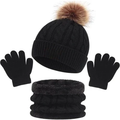 Afbeelding van Kindermuts 3 in 1 tot 5 jaar Beanie Jongens En Meisjes Muts Voor Kinderen Handschoenen Sjaal Winter Zwart