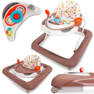 Afbeelding van Sun Baby Loopstoeltje looplerhulp met knoppen, stuur, spiegels, rubberen wielen, in hoogte verstelbaar (Bruin)