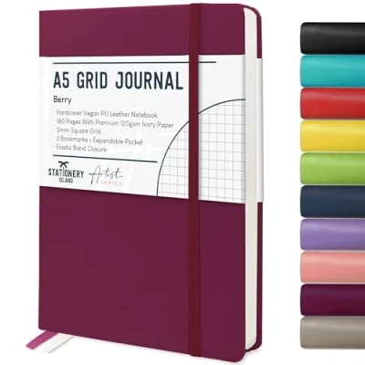 Afbeelding van STATIONERY ISLAND A5 vierkant notitieboek, grafiekpapier notitieboek met 120 g/m² premium dik papier, 180 pagina&#039;s harde kaft voor planning, dagboek, dagboek