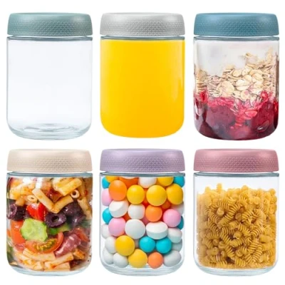 Afbeelding van VORHOT 480 ml nachtelijke haverpotten, set van 6 weckpotten met schroefdeksel, stapelbare ontbijtgranenbekers, glazen containers voor yoghurt, salade, pudding, jam