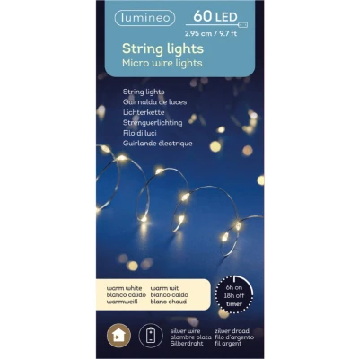 Afbeelding van Lumineo draadverlichting zilverdraad 60 warm witte lampjes 295 cm Lichtsnoeren