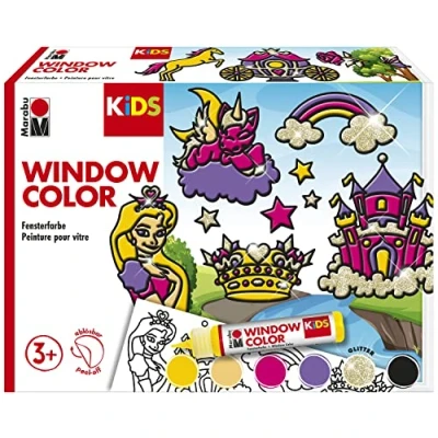 Afbeelding van Marabu 306000000005 KiDS &#039;Princess&#039; raamverfset, 6 x 25 ml raamverf op waterbasis, 2 A3 en A4 stencils, 30 motieven, voor kinderen vanaf 3 jaar