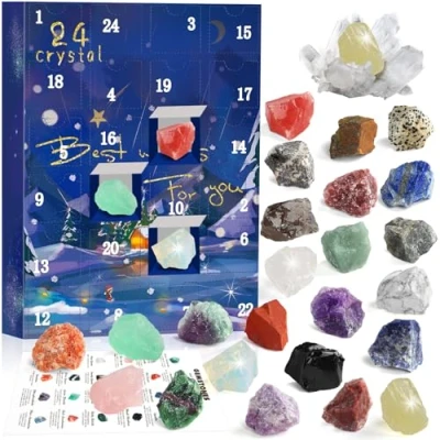 Afbeelding van adventskalender 2023 rotsen, 24 dagen natuurlijke kristallen agaatsteen mineralen en fossielen kerstkalender liefhebbers Rock Collection Countdown kalender voor verjaardag