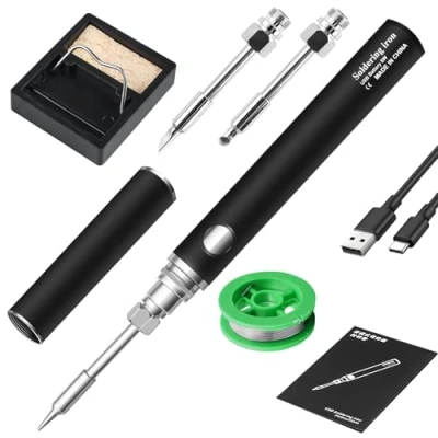 Afbeelding van Soldeerboutset, USB accu, soldeerbout met 3 instelbare temperaturen, 330 C 450 C, soldeerpunten, draagbare soldeerset, accu soldeerbout, soldeerboutstandaard, snelle opwarming, soldeerset voor