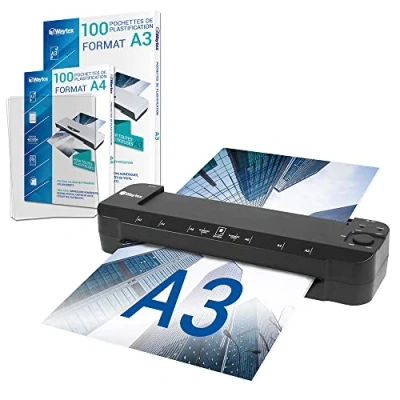 Afbeelding van Lamineerapparaat A3 A4 A5 A6 A7 Pro Ultra snel warm en koud tot 2 x 150 micron temperatuur verstelbaar professioneel intensief gebruik verpakking van 100 hoezen +