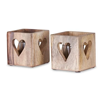 Afbeelding van levandeo Set van 2 lantaarns hart 9 cm mangohout theelicht glas theelichthouder kaars hartmotief tafeldecoratie mango natuur houtdecoratie